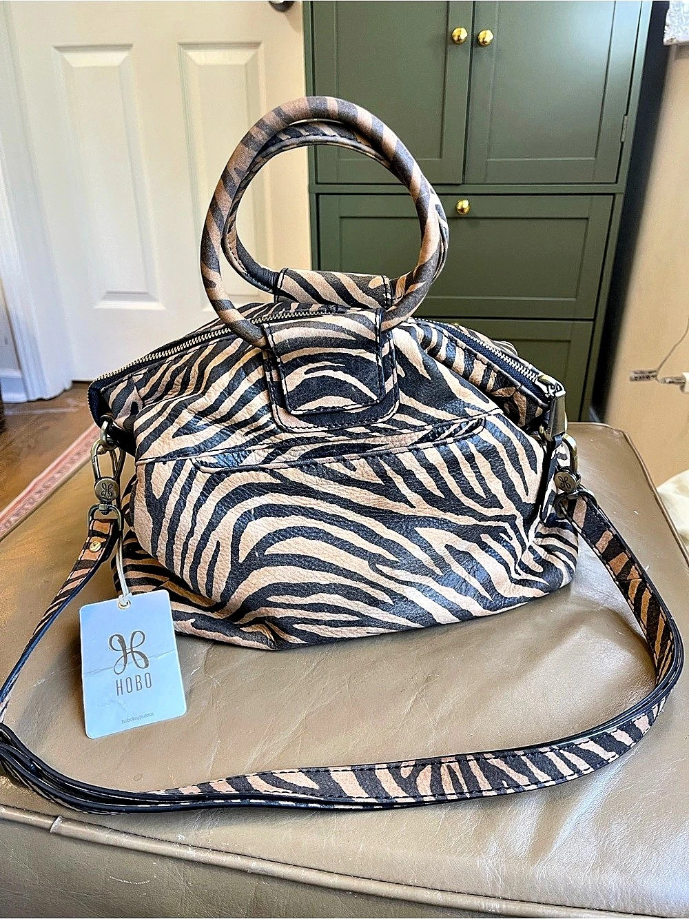 HOBO Sheila Medium Zebra Print Satchel Brown & Black